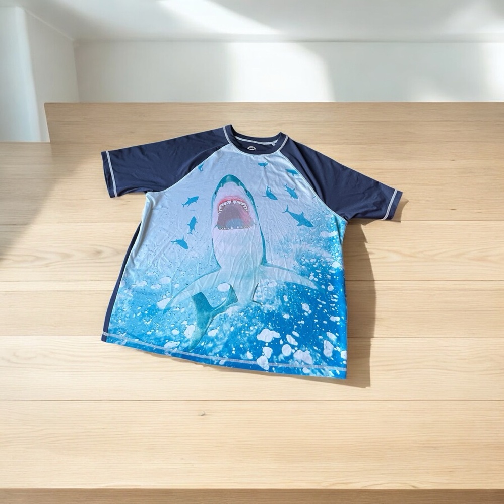 Wonder Nation Navy and Light Blue Shark  Swim Shirt - XL Husky